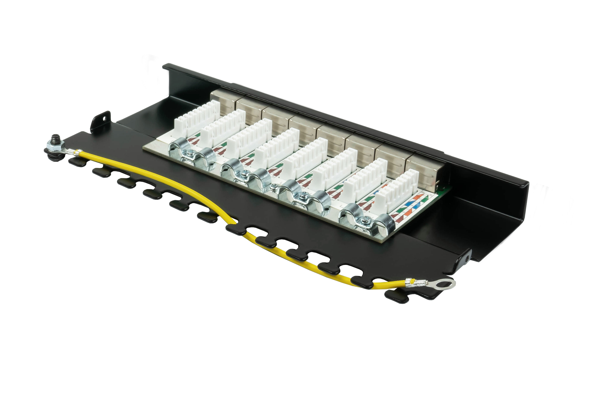 Patchpanel Desktop Cat. 6A, 8-Port, 0,5 HE, STP geschirmt, werkzeugloses Öffnen, Tiefschwarz (RAL9005), Good Connections®