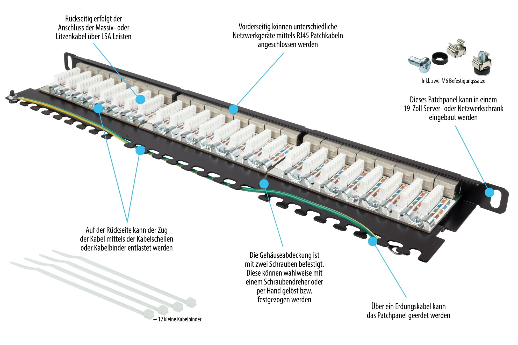 Patchpanel 19" Cat. 6A, 24-Port, 0,5 HE, STP geschirmt, werkzeugloses Öffnen, Tiefschwarz (RAL9005), Good Connections®