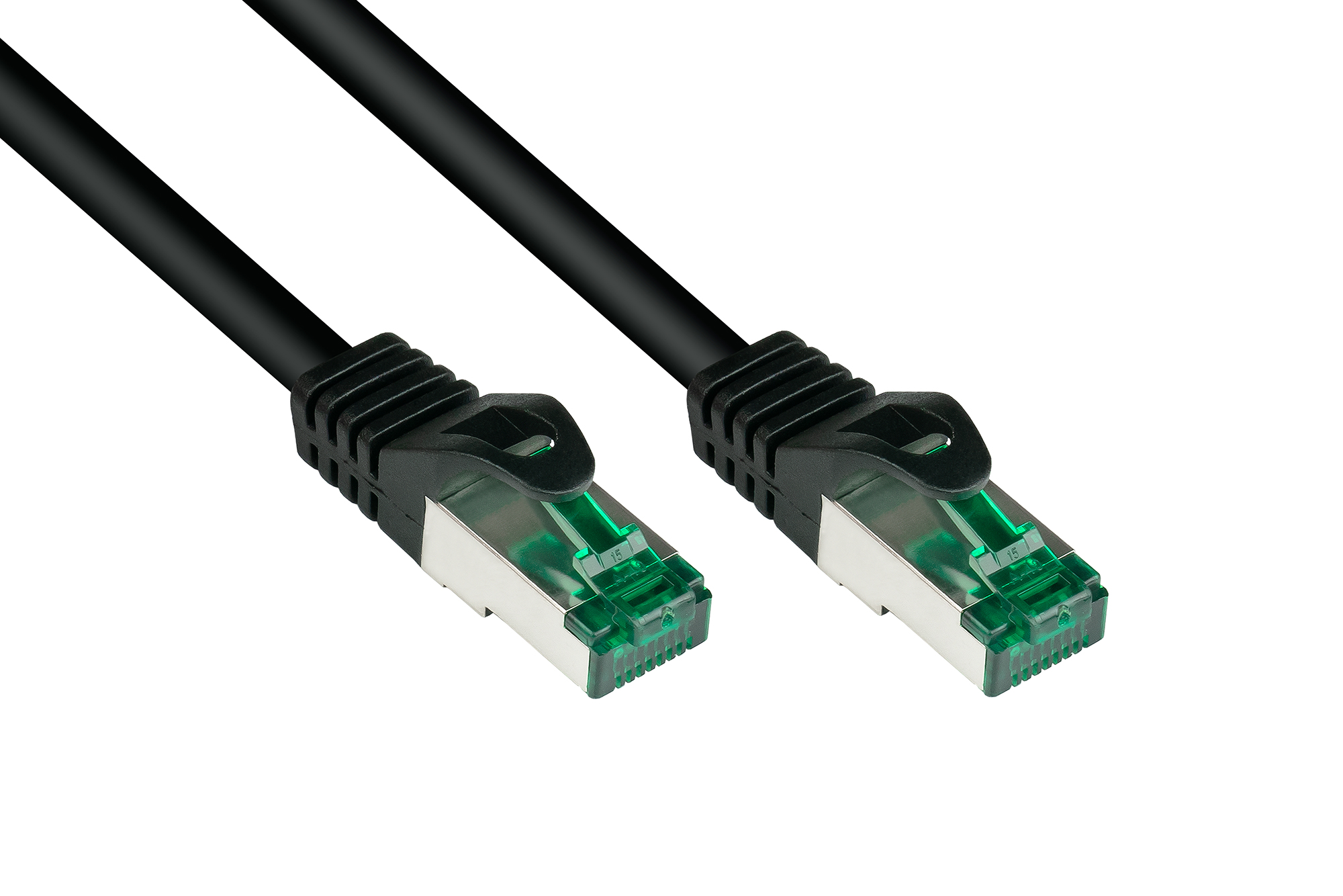 RNS® Patchkabel mit Rastnasenschutz, Outdoor (IP66), Cat.6A, S/FTP, PiMF, 500MHz, CU, schwarz, 15 m, Good Connections®