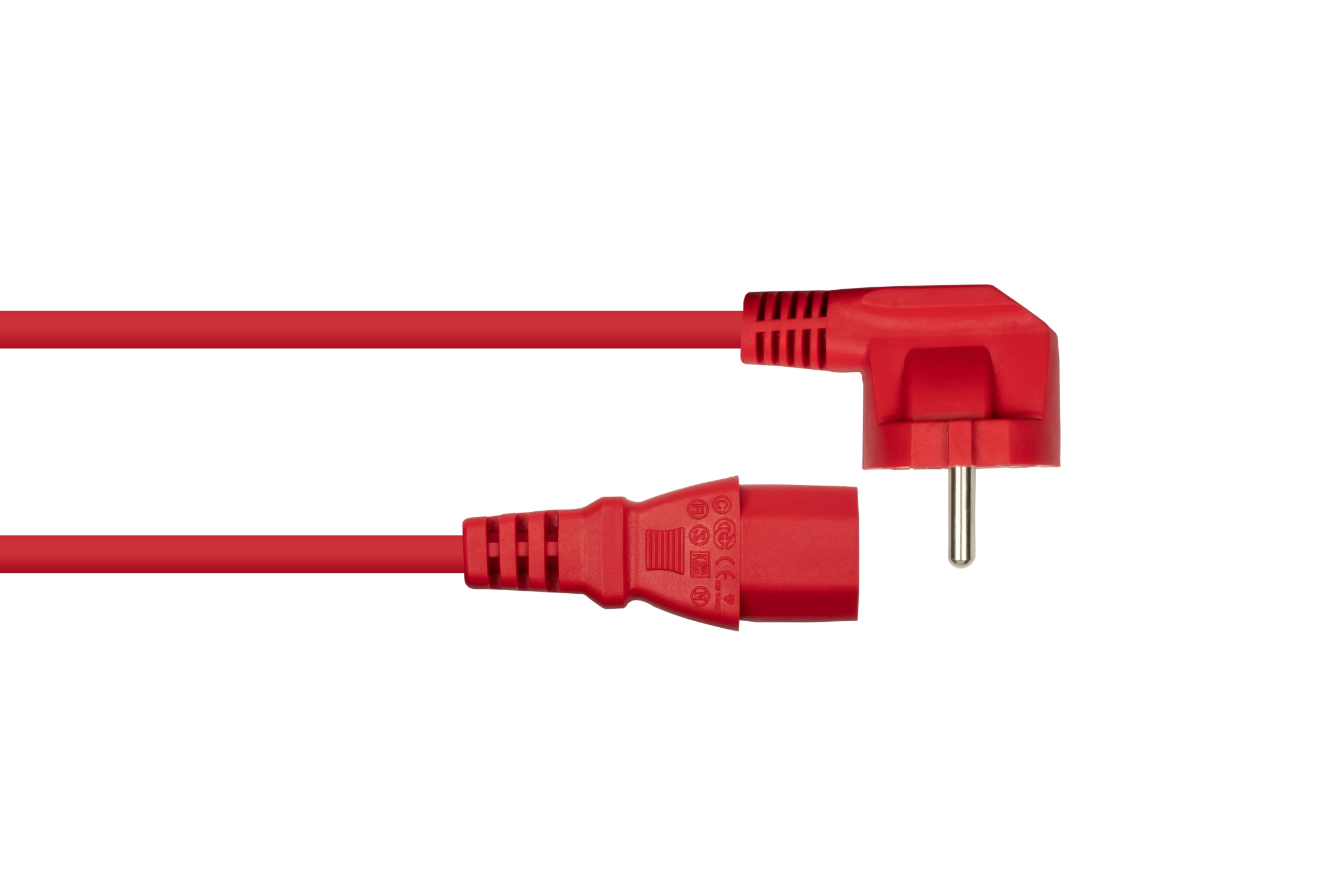 kabelmeister® Netzkabel Schutzkontakt-Stecker Typ E+F (90° gew.) an Kaltgeräte-Buchse C13, rot, 1,00mm², 5m