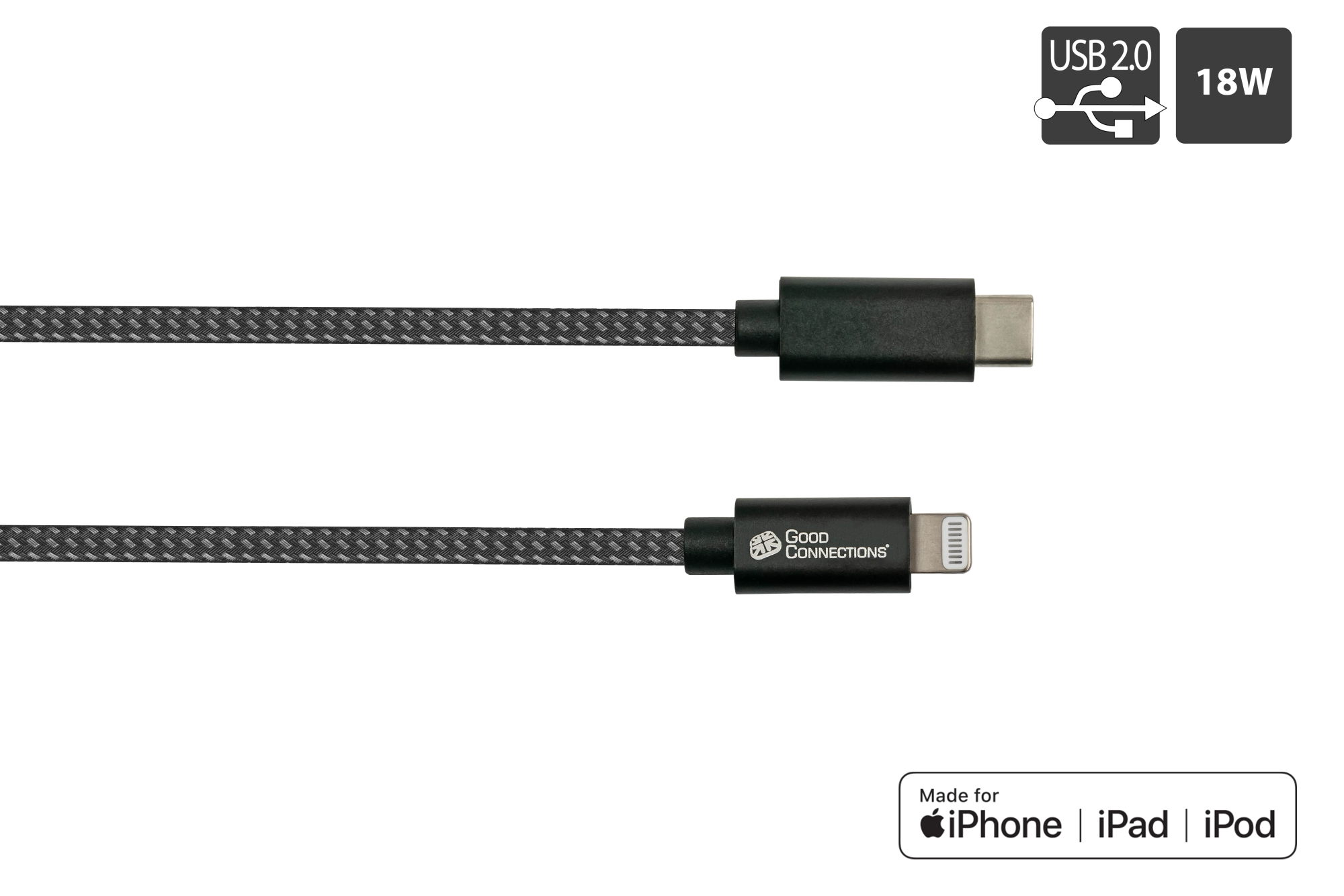 USB 2.0 Lade- und Datenkabel für iPhone/iPad/iPod, USB-C™ Stecker an Lightning™ Stecker, MFI zertifiziert, 18W, schwarz, 0,5m, Good Connections®