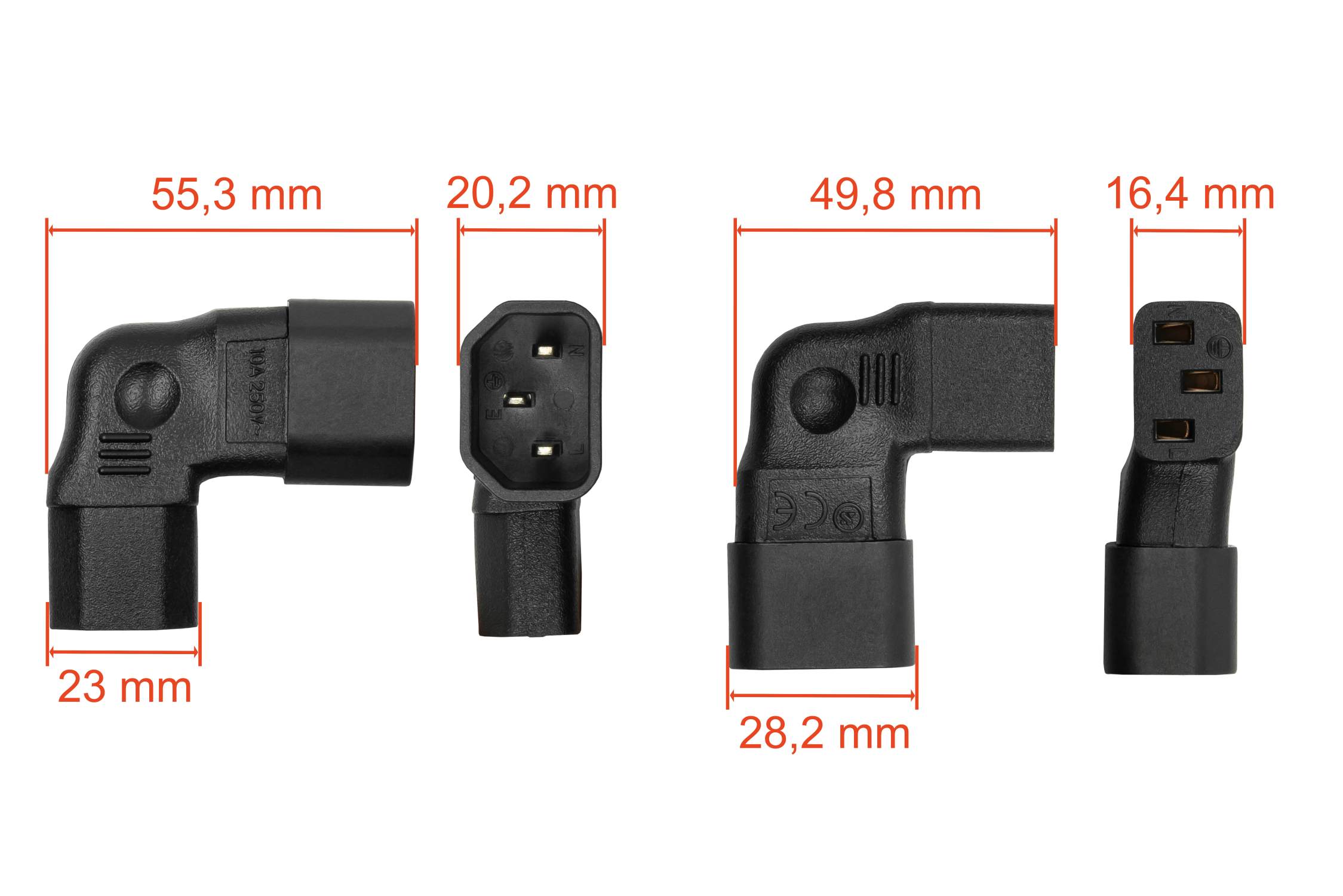 kabelmeister® Stromadapter Kaltgeräte-Stecker C14 an Kaltgeräte-Buchse C13, links/rechts abgewinkelt, schwarz