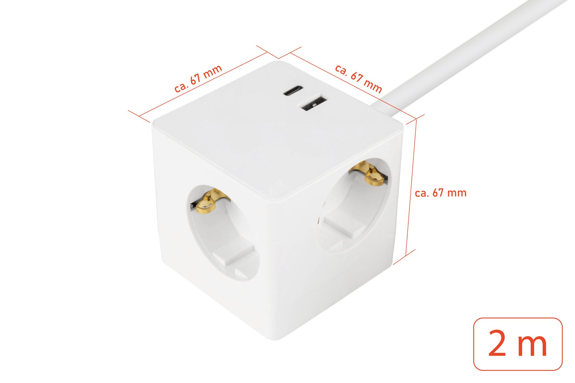 kabelmeister® Steckdosenwürfel mit 2m Zuleitung, 3x Schutzkontakt-Buchse, USB-C™ (20W, PD 3.0) und USB-A Buchse (18W), weiß