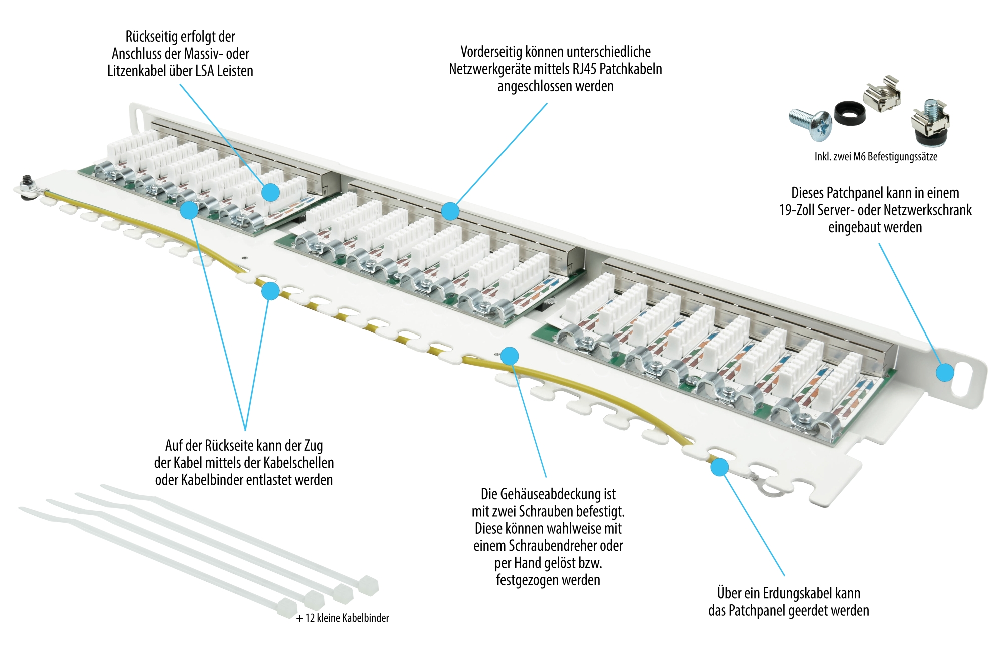 Patchpanel 19" Cat. 6, 24-Port, 0,5 HE, STP geschirmt, werkzeugloses Öffnen, Reinweiß (RAL9010), Good Connections®