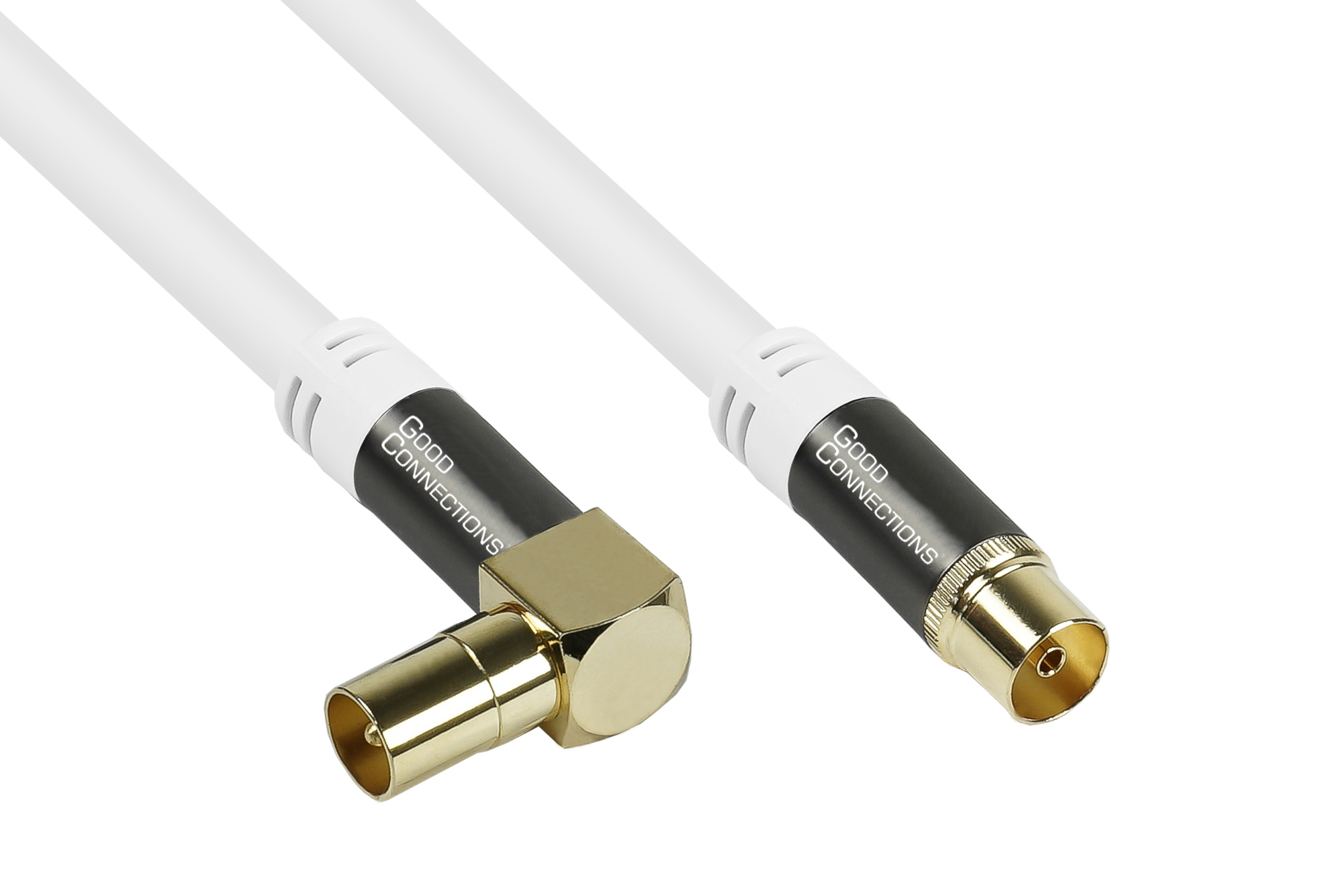 TV Antennenkabel SmartFLEX, IEC/Koax Winkel-Stecker an Buchse, vergoldet, vierfach geschirmt, 120 dB, 75 Ohm, CU, weiß, 2m, Good Connections®