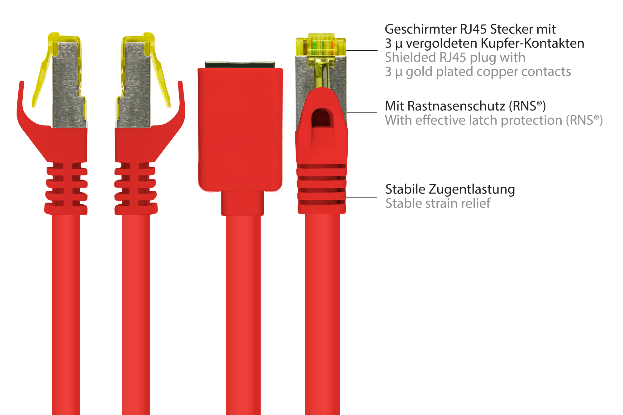 RJ45 Patchkabelverlängerung mit Cat. 7 Rohkabel und Rastnasenschutz (RNS®), S/FTP, PiMF, halogenfrei, 500MHz, OFC, rot, 5m, Good Connections®