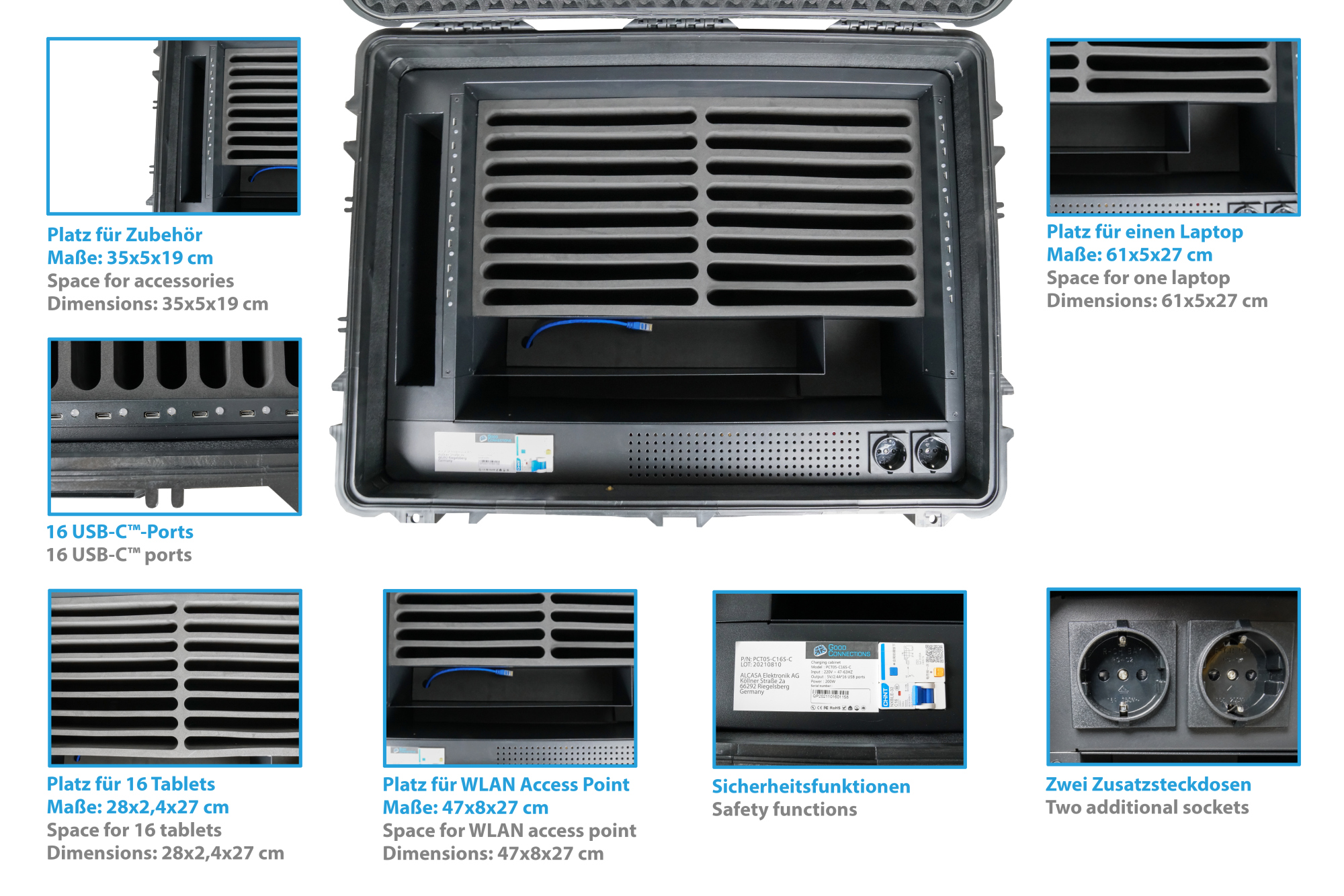 Good Connections® ATON2 T16C Tablet-Ladetrolley, USB-C™ Ausführung, aktive Belüftung, Zusatzsteckdosen, schwarz
