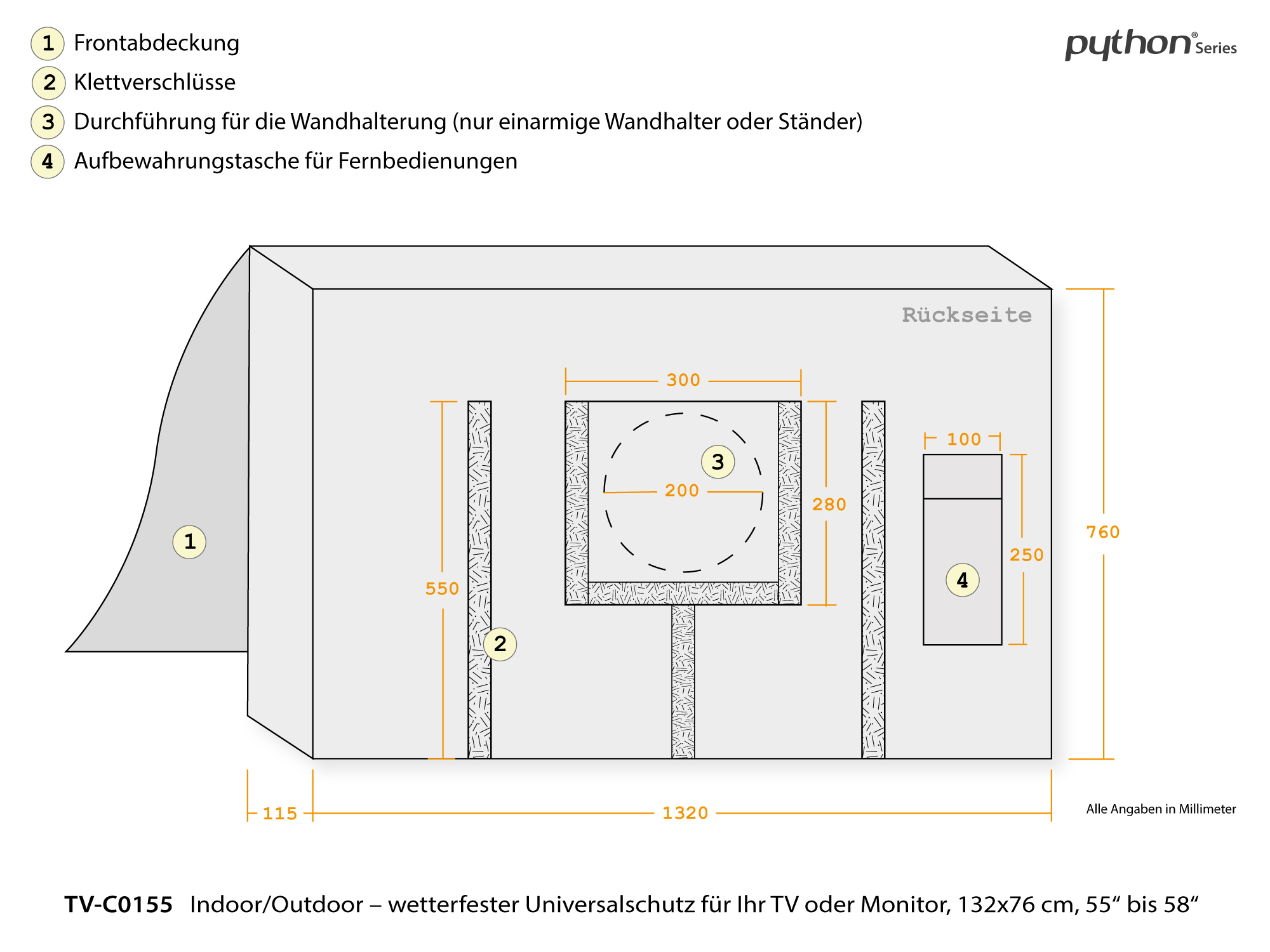 Python® Series TV-Cover Indoor/Outdoor – wetterfester Universalschutz für Ihr TV oder Monitor, 132x76 cm, 55“ bis 58“