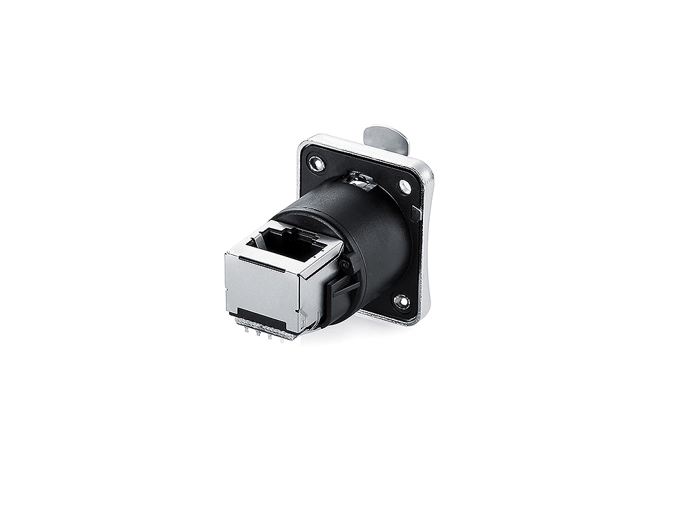 Industrie-Steckverbinder S6 - RJ45 Durchführungskupplung mit Klick Arretierung, RJ45 Buchse beidseitig, oben gewinkelt, Metall, M24, Good Connections®