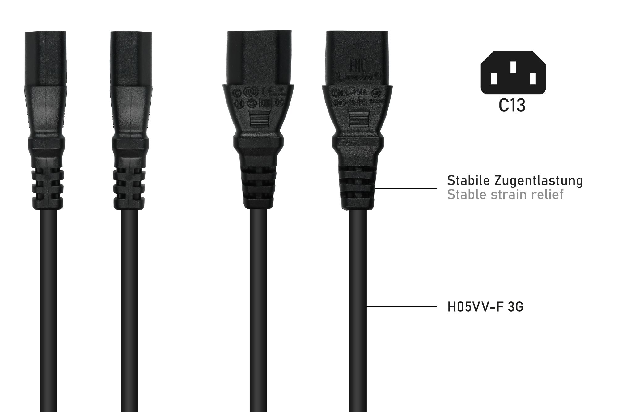 kabelmeister® Netzkabel Schutzkontakt-Stecker Typ E+F (CEE 7/7, gewinkelt) an Kaltgeräte-Buchse C13 (gerade), schwarz, 0,75mm², 1m