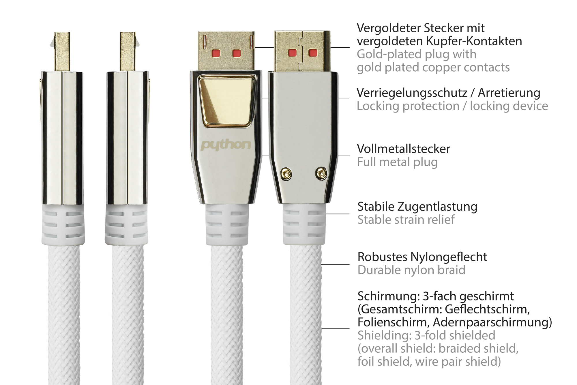 Anschlusskabel DisplayPort 1.4 an HDMI 2.0, 4K / UHD @60Hz, Vollmetallstecker, vergoldete Kontakte, OFC, Nylongeflecht weiß, 1m, PYTHON® Series