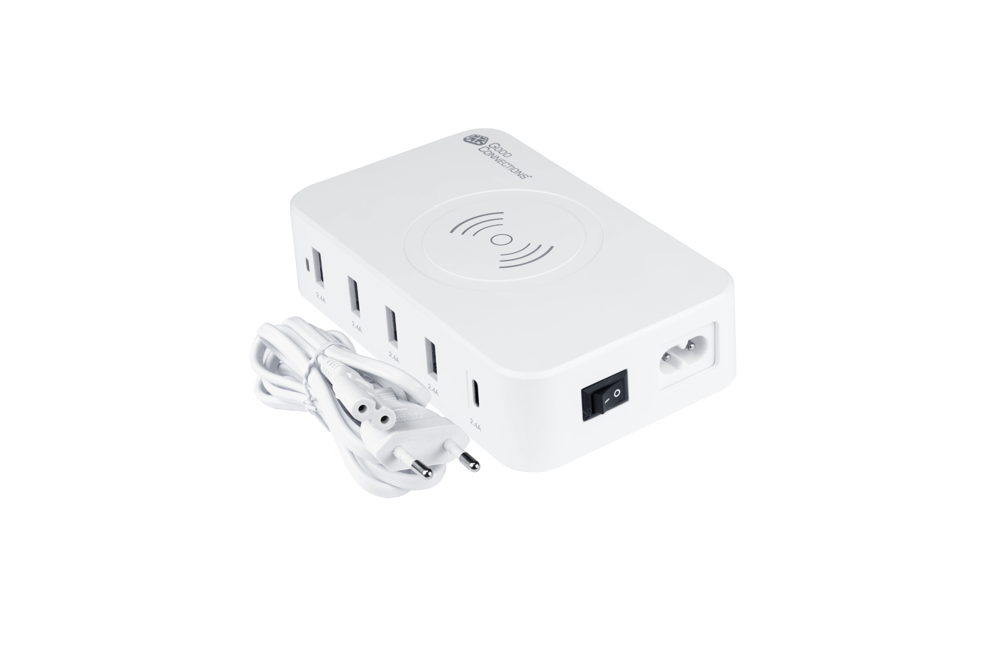 USB-Desktop-Ladestation 60W, 5-Port (1x USB-C™ und 4x USB-A), 10W Qi Wireless Charging, weiß, Good Connections®