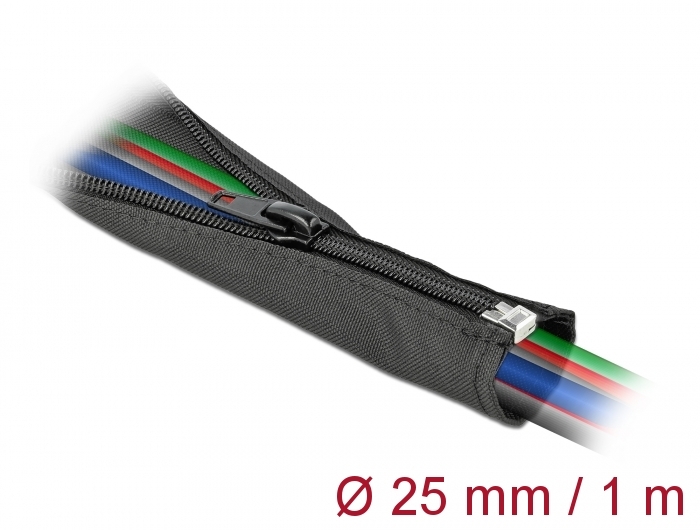 Gewebeschlauch mit Reißverschluss hitzebeständig 1 m x 25 mm schwarz, Delock® [19217]