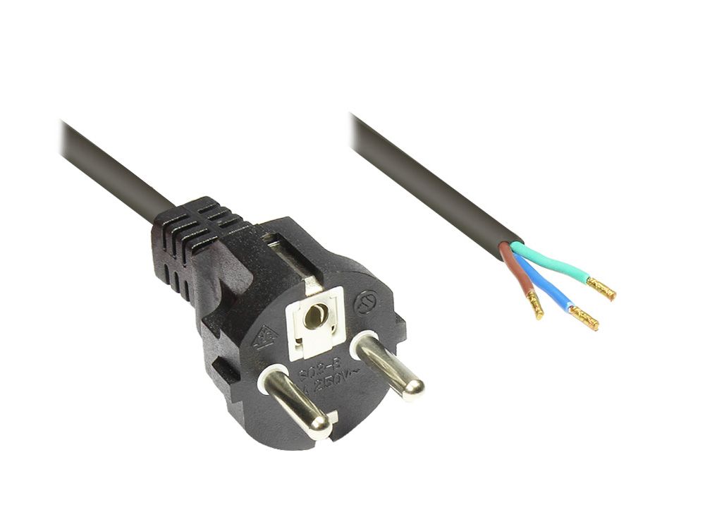 Netzkabel Schutzkontakt-Stecker gerade abisolierte Enden, schwarz, 2m, Good Connections®