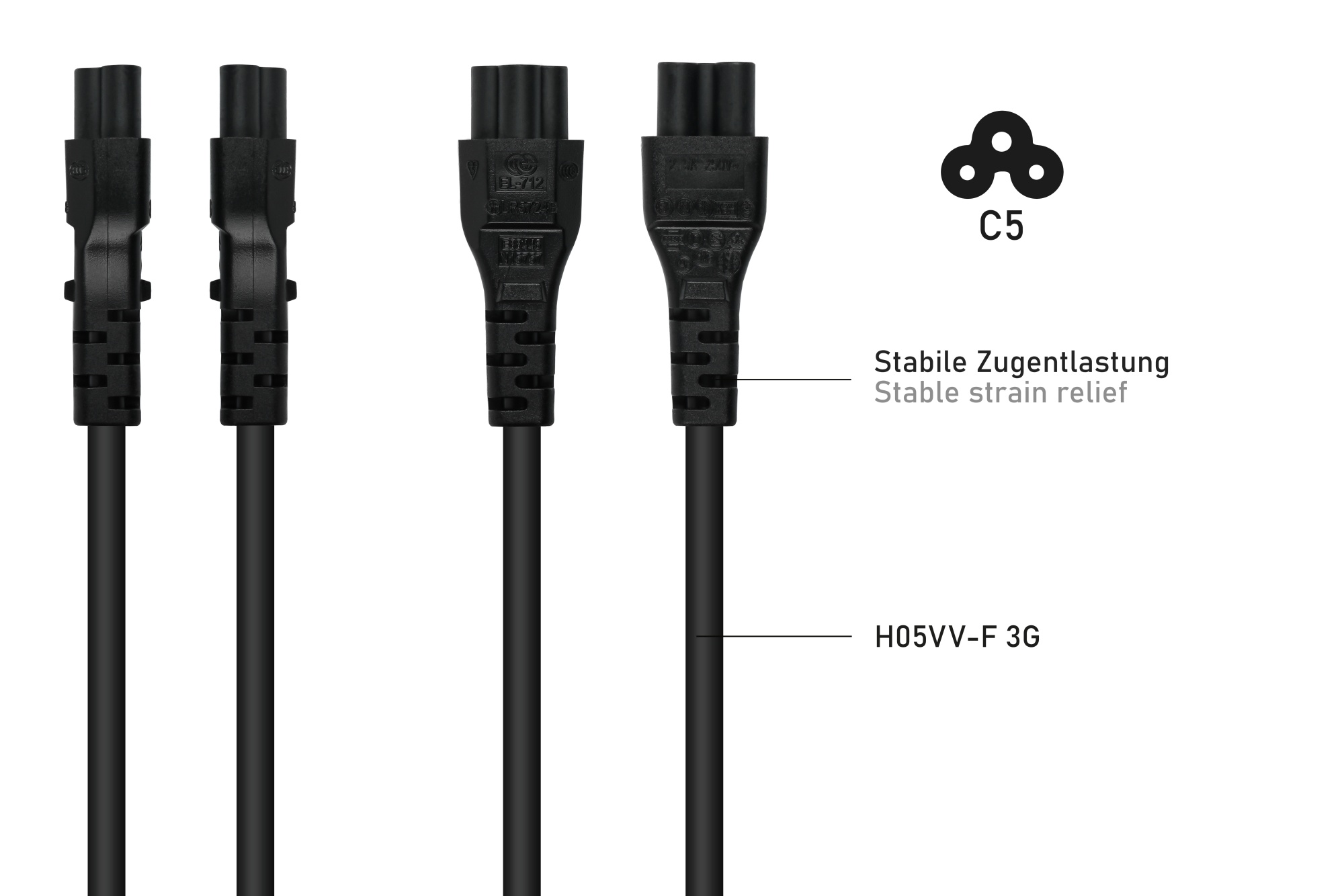 kabelmeister® Netzkabel Schweiz Netz-Stecker Typ J (SEV 1011) an Kleeblatt-Buchse C5, schwarz, 0,75mm², 1,8m