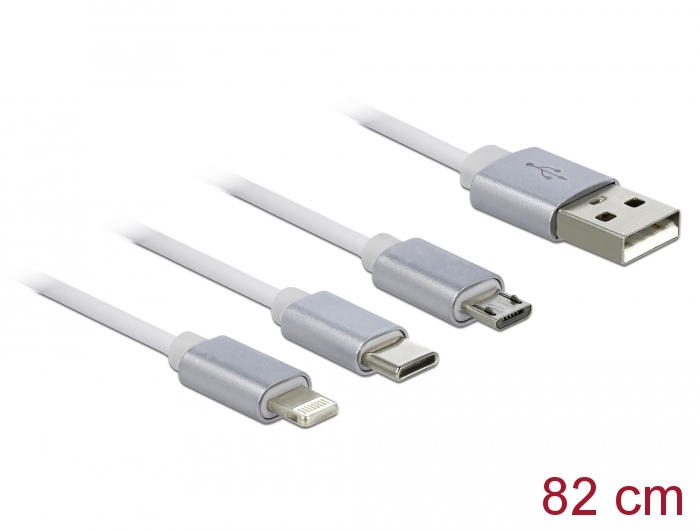 USB 3 in 1 Aufrollladekabel für 8 Pin / Micro USB / USB Type-C™ weiß, 0,82 m, Delock® [85850]