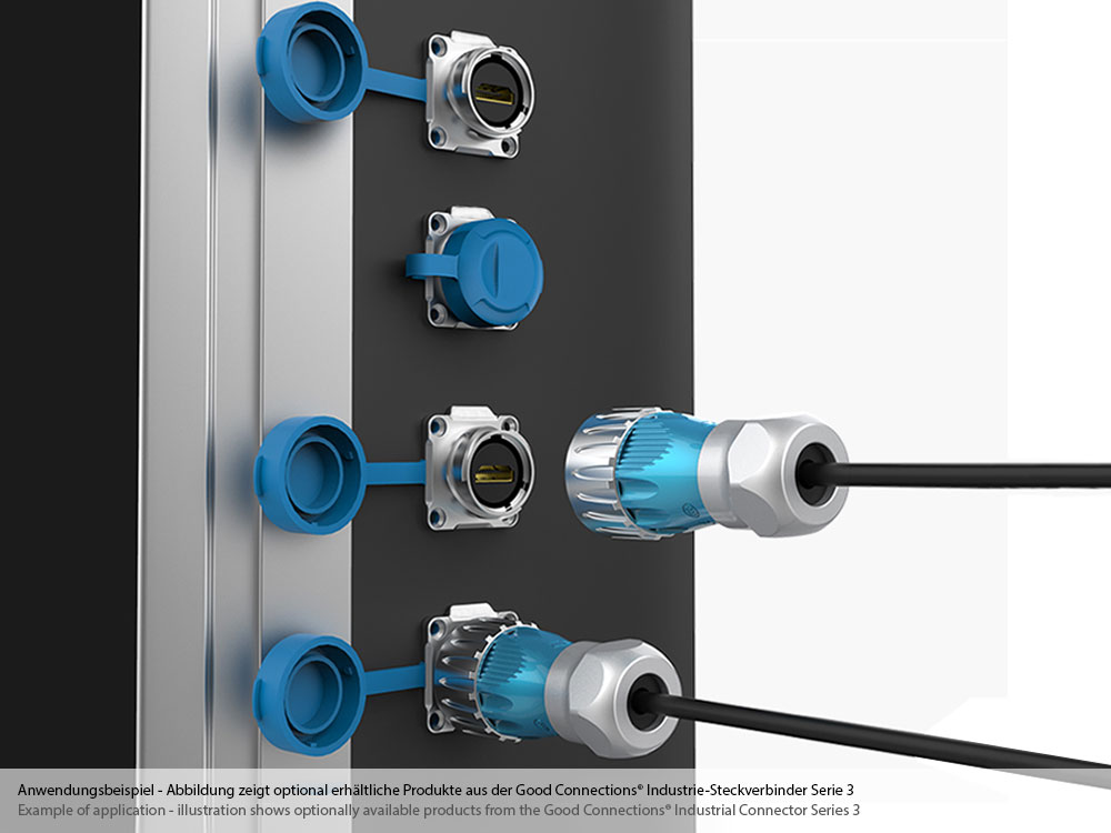 Industrie-Steckverbinder S3 - HDMI 2.0b Kabel, Stecker A mit Kabelverschraubung an Stecker A, Metall, M24, Bajonett, IP65/67, 1m, Good Connections®