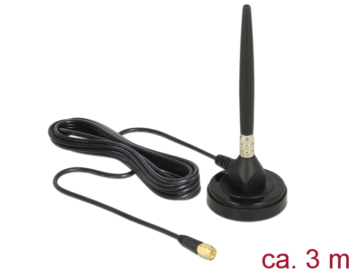 GSM Antenne SMA Stecker 3dBi starr omnidirektional, magnetischer Standfuß, Anschlusskabel (RG-174, 3m), outdoor schwarz, Delock® [12421]