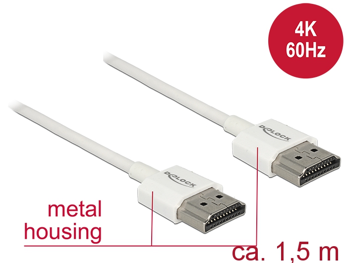 Kabel High Speed HDMI mit Ethernet, Stecker A an Stecker A, 3D, 4K, Slim High Quality, weiß, 1,5m, Delock® [85126]