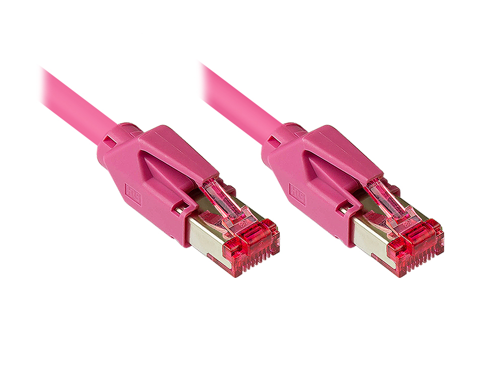 Patchkabel mit Cat. 7 Draka UC900 Rohkabel (900MHz) und Hirose TM21 Stecker (250MHz) beidseitig, S/FTP, PiMF, halogenfrei (LSZH), KUPFER, magenta, 10m