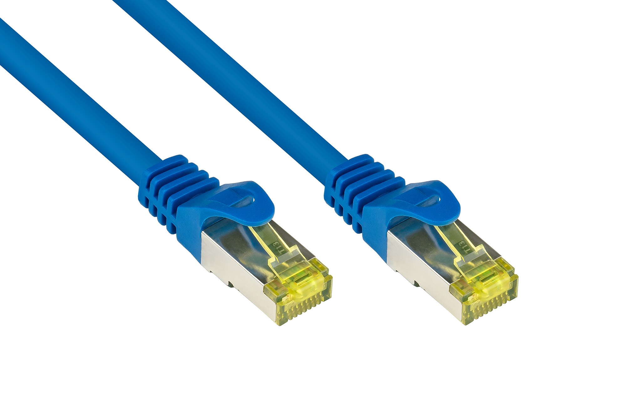RJ45 Patchkabel mit Cat. 7 Rohkabel und Rastnasenschutz (RNS®), S/FTP, PiMF, halogenfrei, 500MHz, OFC, blau, 7,5m, Good Connections®