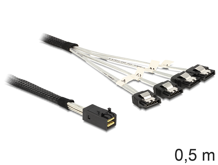 SAS Kabel HD x 4 SFF 8643 Stecker auf 4 x SATA 7 Pin Buchse, 0,5m, Delock® [83392]