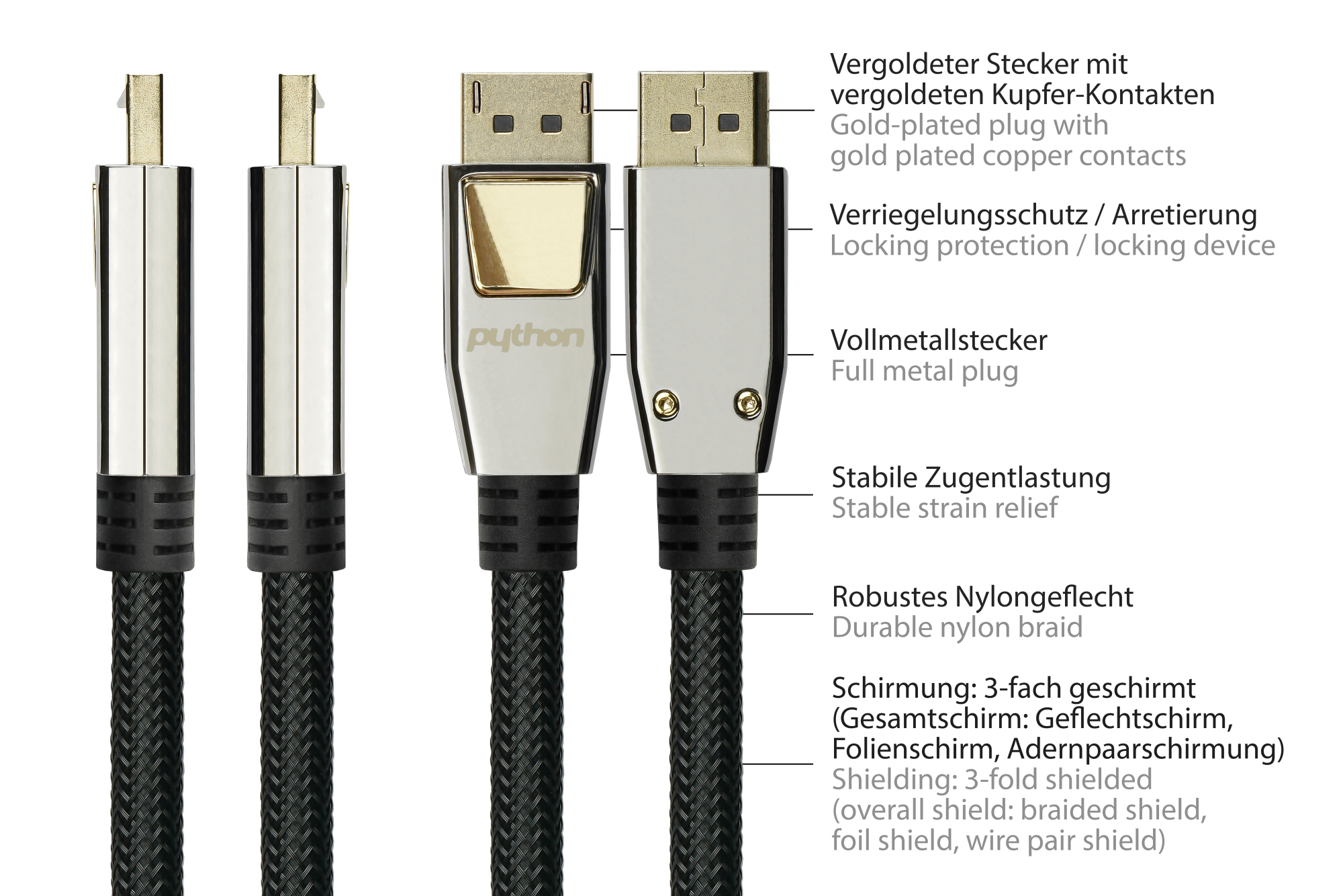 Anschlusskabel DisplayPort 1.2, 4K / UHD @60Hz, Vollmetallstecker, vergoldete Kontakte, OFC, Nylongeflecht schwarz, 10m, PYTHON® Series