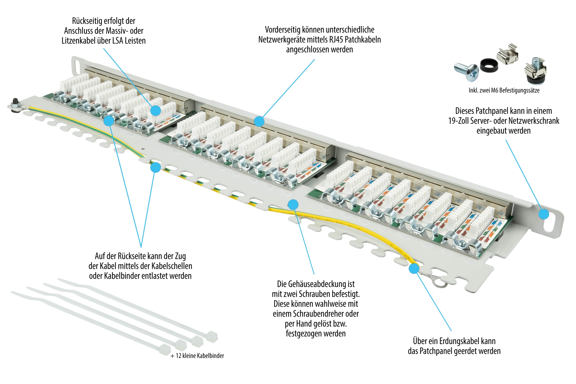 Patchpanel 19" Cat. 6, 24-Port, 0,5 HE, STP geschirmt, werkzeugloses Öffnen, Lichtgrau (RAL7035), Good Connections®
