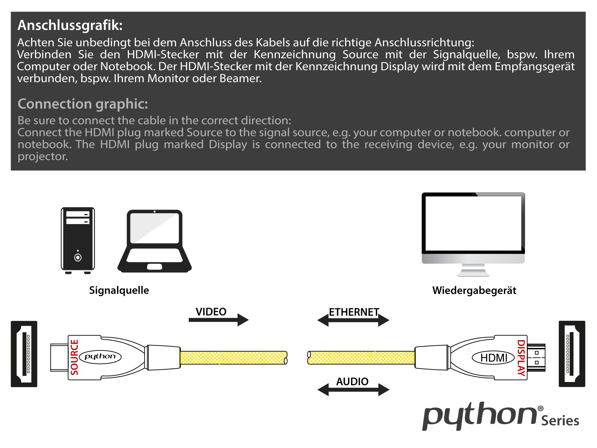 Anschlusskabel High-Speed-HDMI® mit Ethernet 4K2K / UHD, AKTIV (Redmere Chipsatz), OFC, Nylongeflecht gelb, 30m, PYTHON® Series