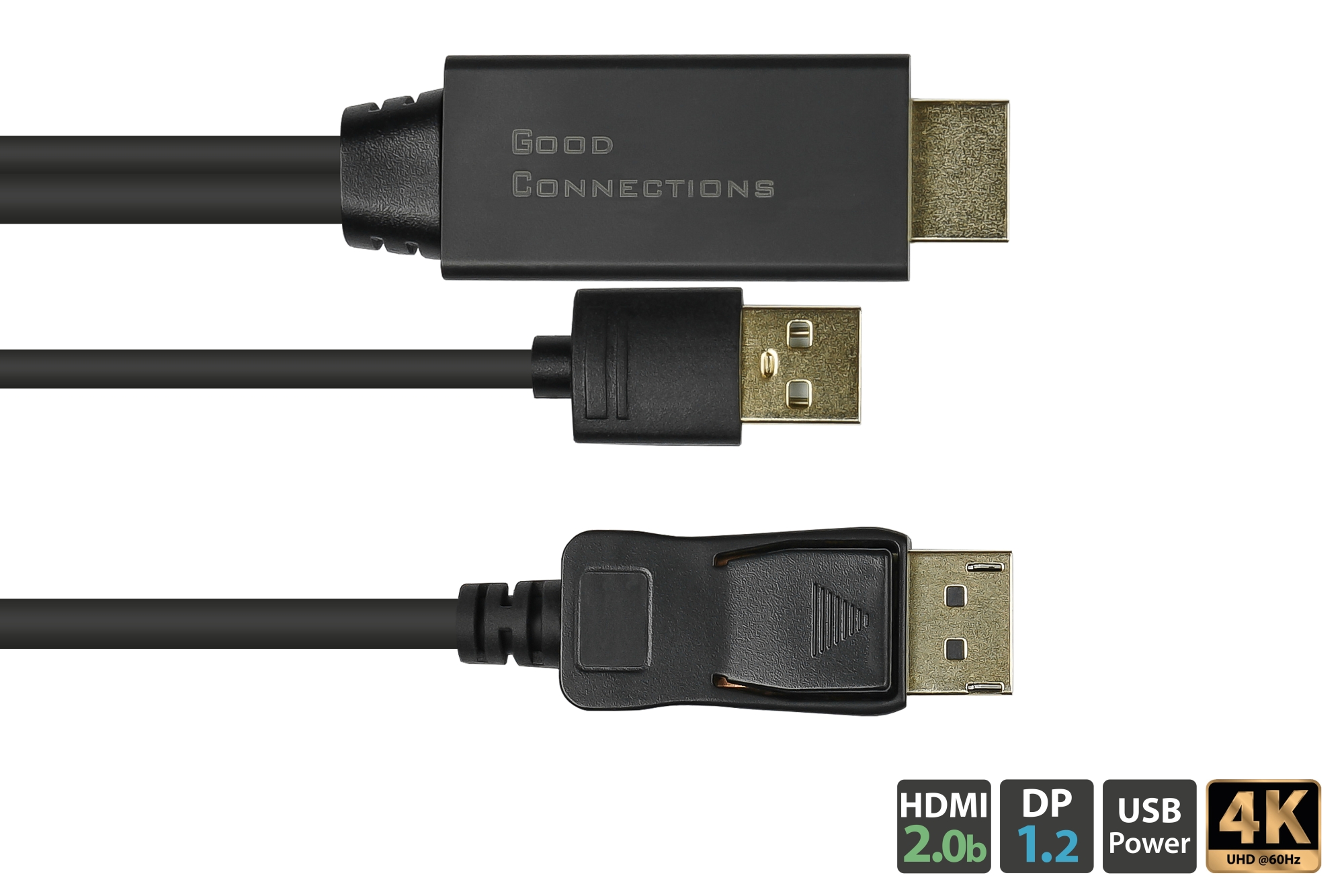Adapterkabel HDMI 2.0b Stecker an DisplayPort 1.2 Stecker, 4K @60Hz, USB Power, vergoldete Kontakte, Kupferleiter, schwarz, 2m, Good Connections®