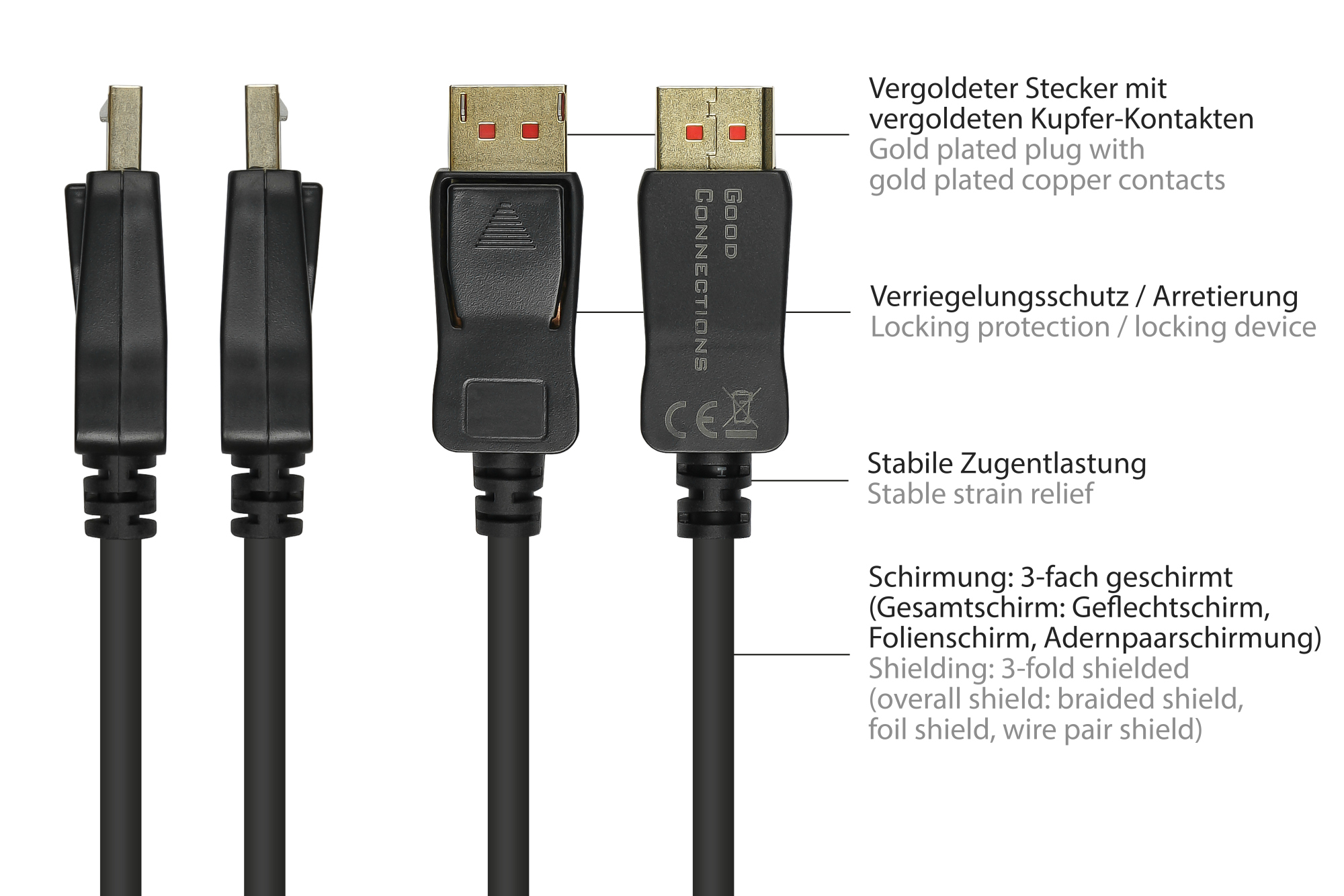 Anschlusskabel DisplayPort 1.4, 8K / UHD-2 @60Hz, vergoldete Kontakte, CU, schwarz, 3m, Good Connections®