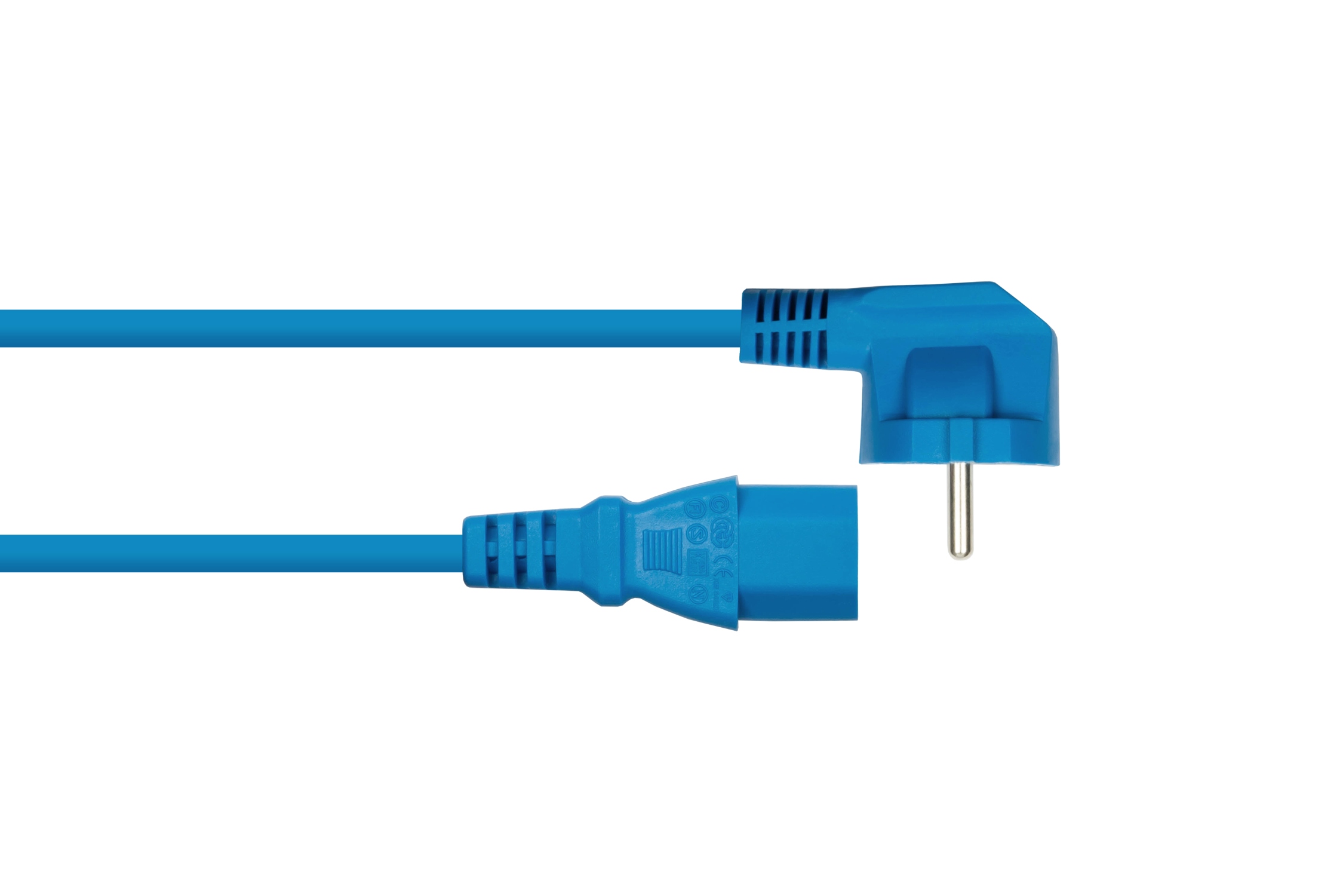 kabelmeister® Netzkabel Schutzkontakt-Stecker Typ E+F (90° gew.) an Kaltgeräte-Buchse C13, blau, 1,00mm², 5m