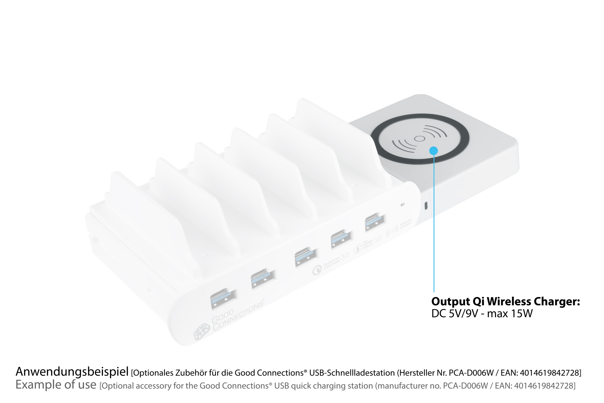 Qi Wireless Charging Pad 15W für Good Connections® USB-Desktop-Schnellladestation PCA-D006W (rechte Seite)
