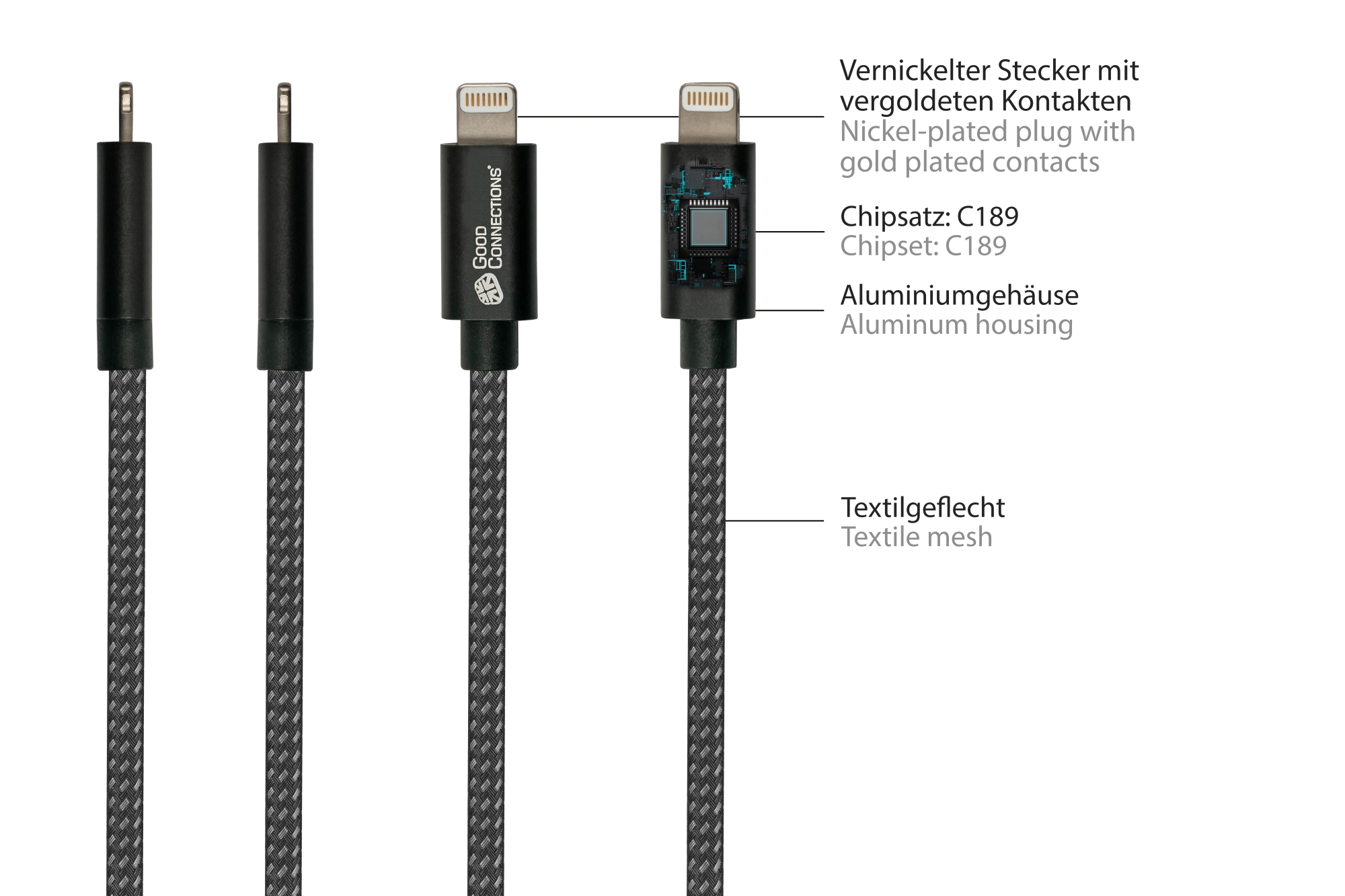 USB 2.0 Lade- und Datenkabel für iPhone/iPad/iPod, USB-A Stecker an Lightning™ Stecker, MFI zertifiziert, 12W, schwarz, 0,5m, Good Connections®