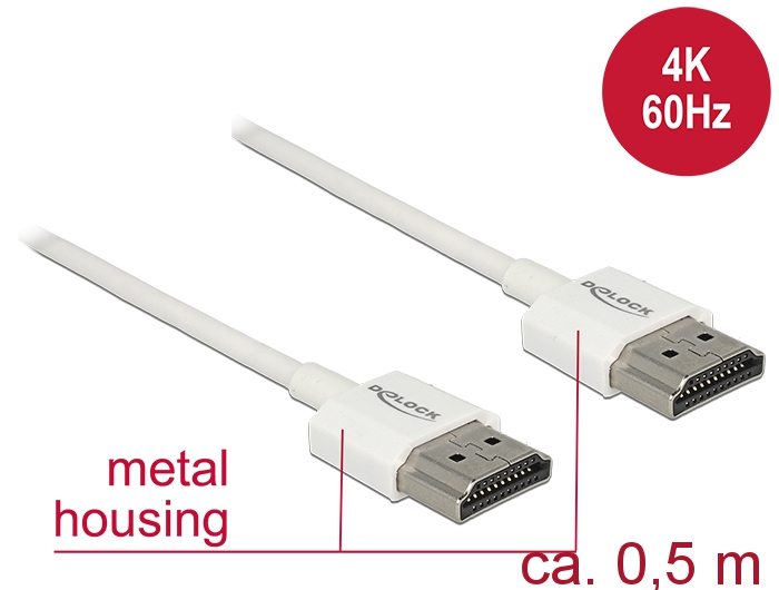 Kabel High Speed HDMI mit Ethernet, Stecker A an Stecker A, 3D, 4K, Slim High Quality, weiß, 0,5m, Delock® [85121]