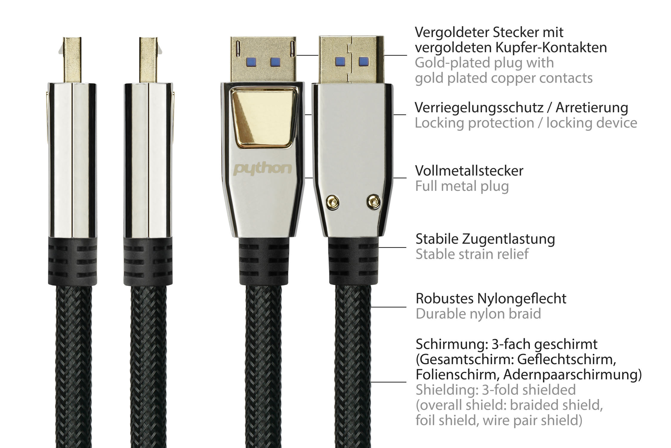 PREMIUM DisplayPort 2.0 Kabel, 54 Gbit/s, UHBR 13.5, 4K @240Hz / 8K @60Hz, Vollmetallstecker, Kupferleiter, Nylongeflecht schwarz, 2m, PYTHON® Series