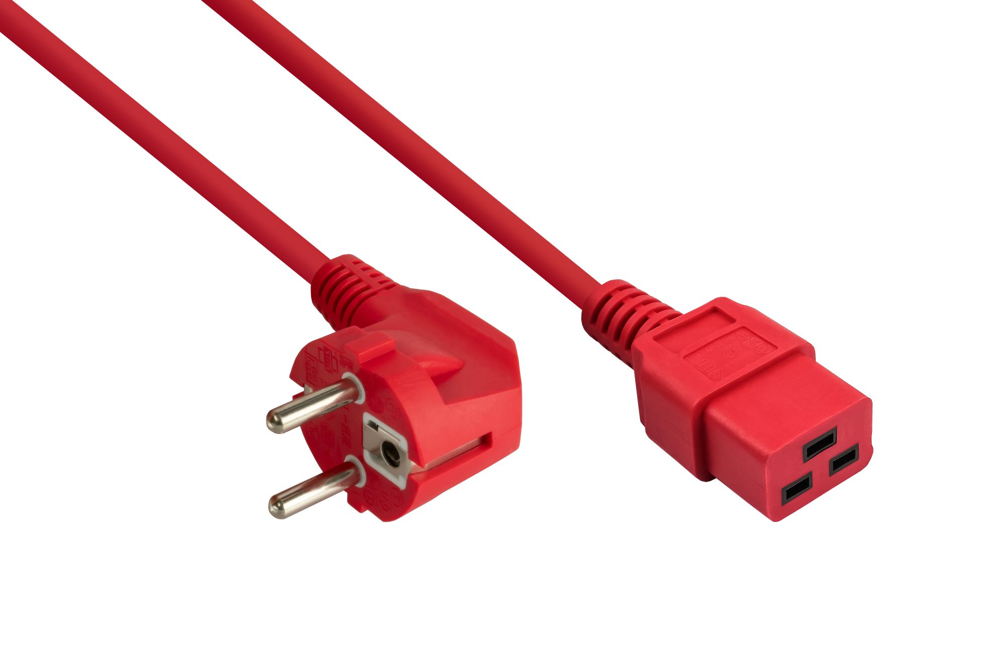 kabelmeister® Netzkabel Schutzkontakt-Stecker Typ E+F (90° gew.) an Kaltgeräte-Buchse C19, rot, 1,00mm², 1,8m