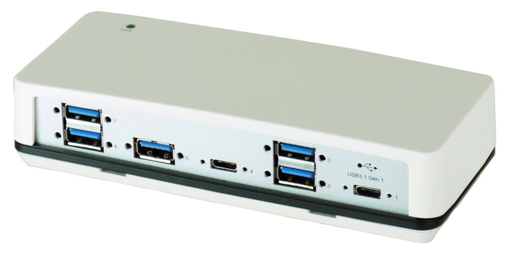 USB 3.0 HUB 7-Port, 5x Buchse A, 2x Buchse C, Upstream Buchse C, mit 12V/3A Netzteil, Plastik-Gehäuse, Exsys® [EX-1198VS]