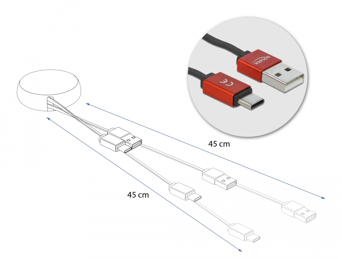 USB 2.0 Aufrollkabel Typ-A zu USB-C™ schwarz / rot, Delock® [85819]
