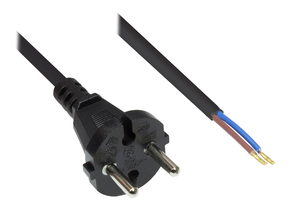 Netzkabel Konturenstecker gerade an abisolierten Enden, schwarz, 10m, Good Connections®