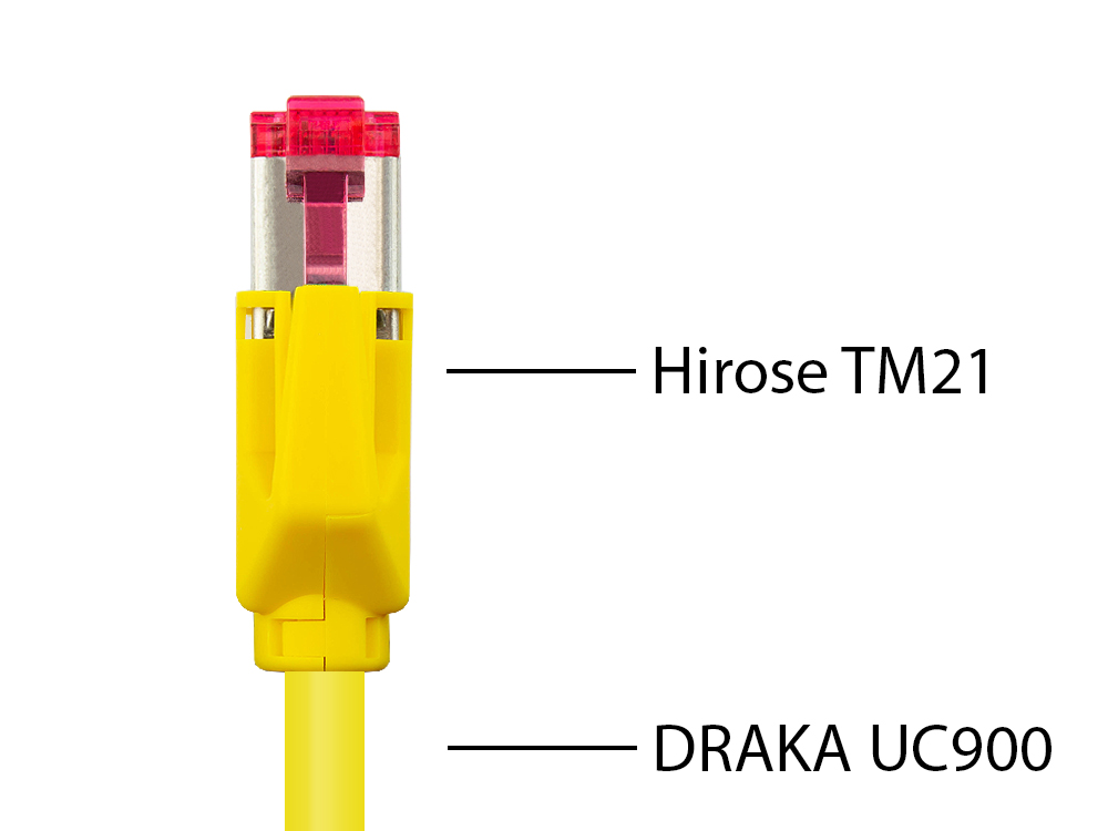 Patchkabel mit Cat. 7 Draka UC900 Rohkabel (900MHz) und Hirose TM21 Stecker (250MHz) beidseitig, S/FTP, PiMF, halogenfrei (LSZH), KUPFER, gelb, 26m