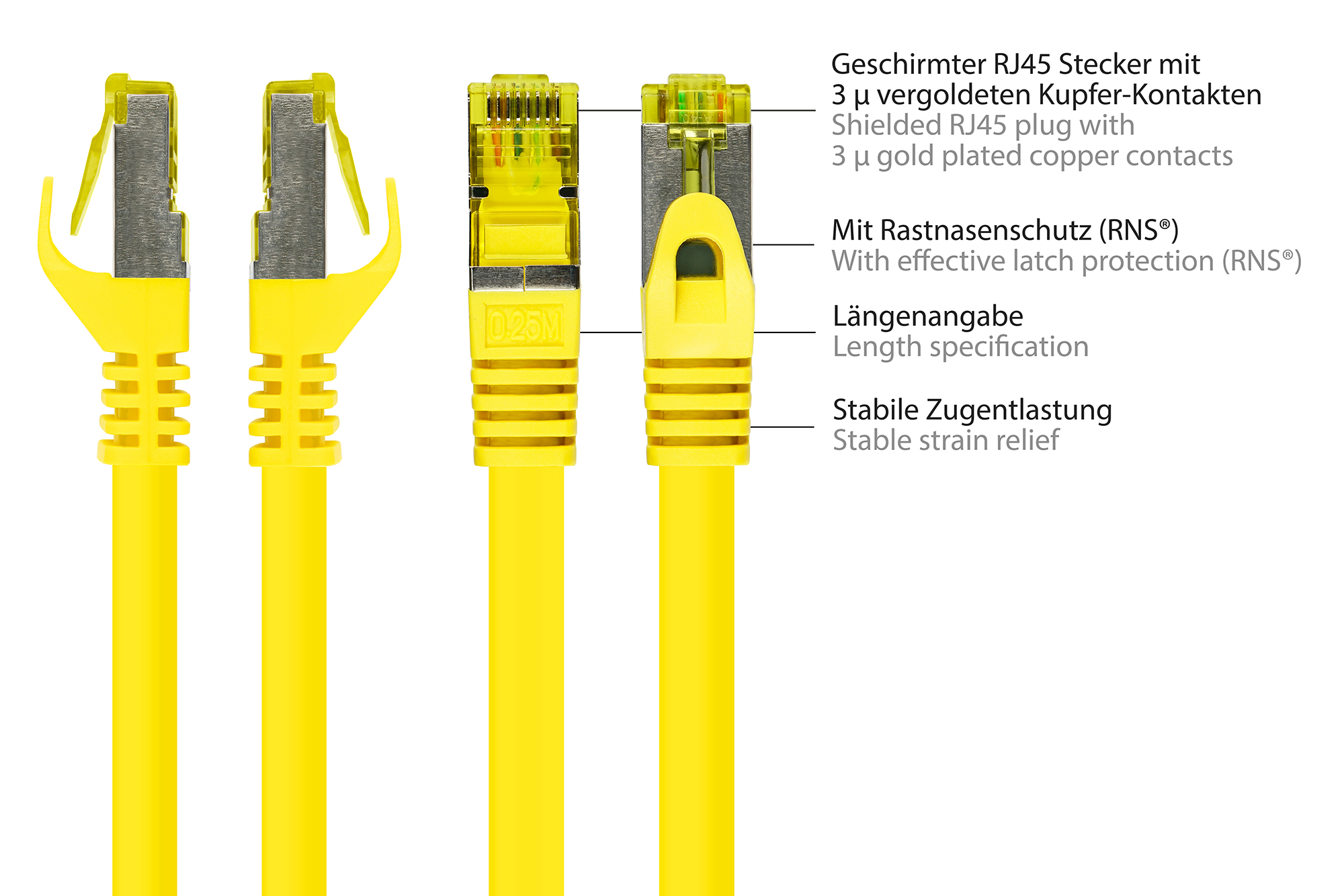 RJ45 Patchkabel mit Cat. 7 Rohkabel und Rastnasenschutz (RNS®), S/FTP, PiMF, halogenfrei, 500MHz, OFC, gelb, 5m, Good Connections®
