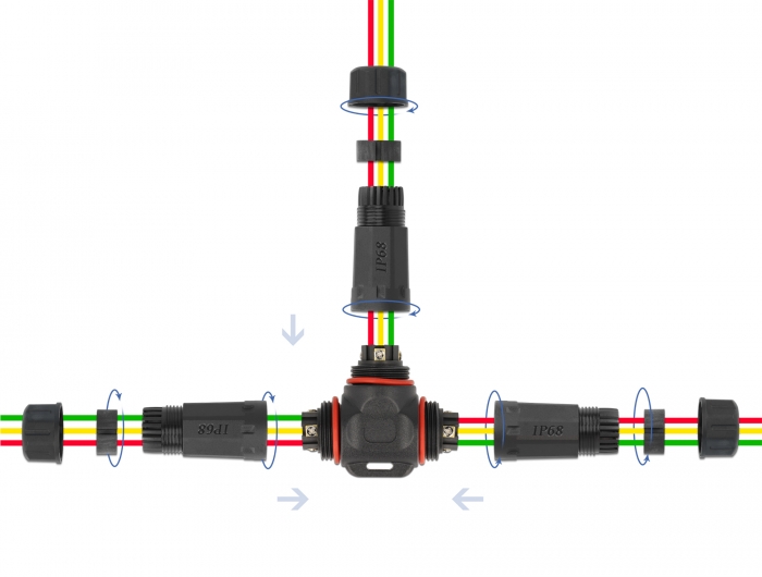 Kabelverbinder T-Form für Außenbereich 3 Pin, IP68 wasserdicht, schraubbar, Kabeldurchmesser 4,5 - 7,5 mm schwarz, Delock® [86917]