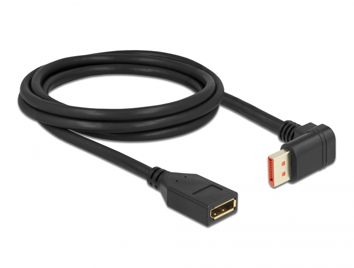 DisplayPort Verlängerungskabel Stecker 90° unten gewinkelt zu Buchse 8K 60 Hz, schwarz, 2 m, Delock® [87091]