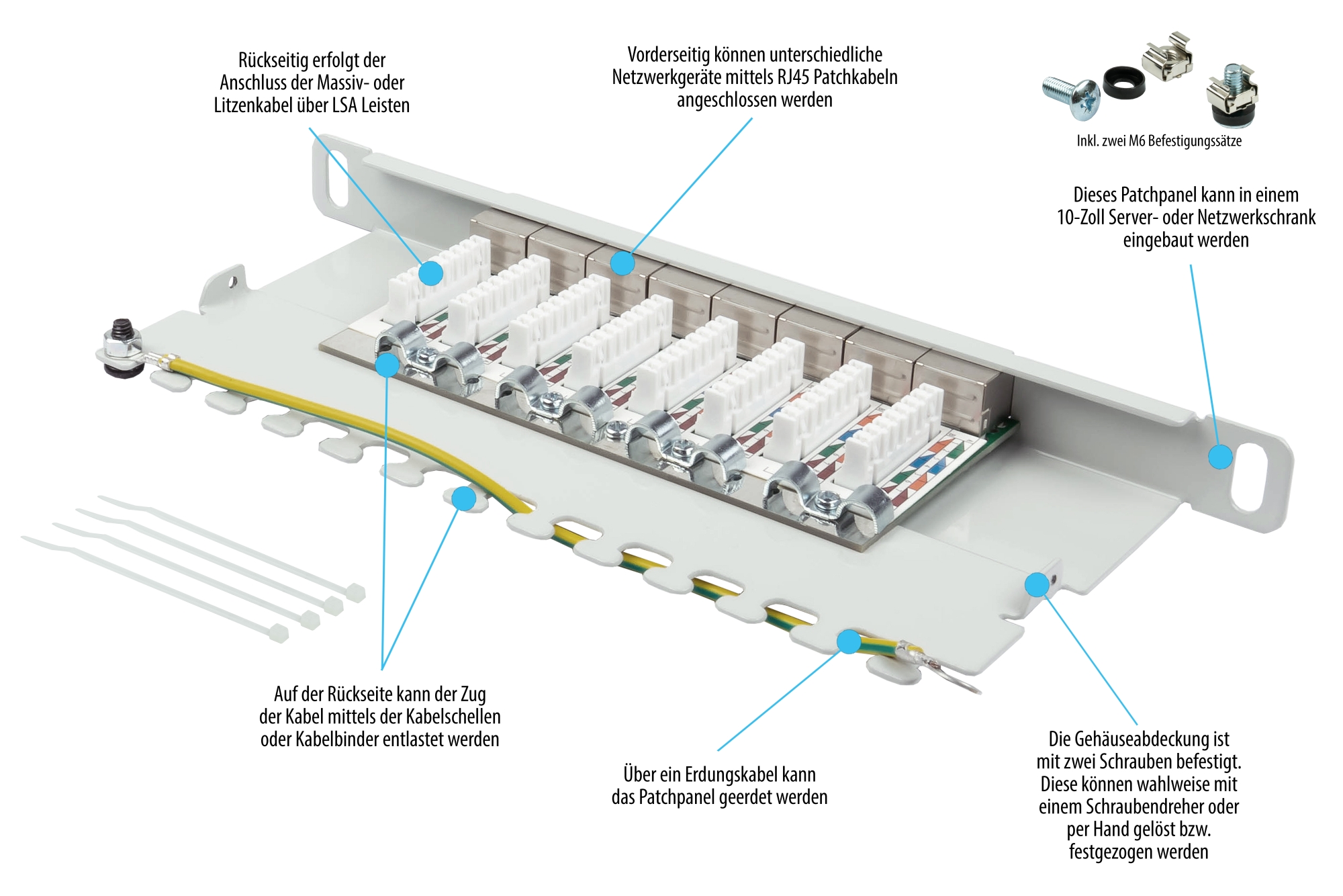 Patchpanel 10" Cat. 6A, 8-Port, 0,5 HE, STP geschirmt, werkzeugloses Öffnen, Lichtgrau (RAL7035), Good Connections