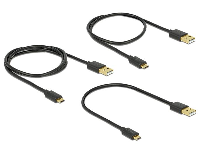Daten- und Schnellladekabel USB 2.0 Typ-A Stecker an USB 2.0 Typ Micro-B Stecker, schwarz, 3er Set (0,3m + 0,6m + 0,9m), Delock® [83680]