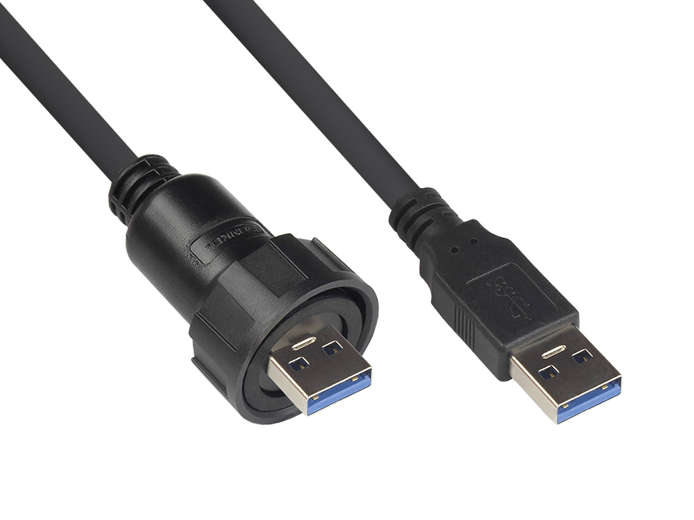 Industrie-Steckverbinder S4 - USB 3.0 Kabel, Stecker A mit Kabelverschraubung an Stecker A, Bajonett, IP67, schwarz, 1m, Good Connections®