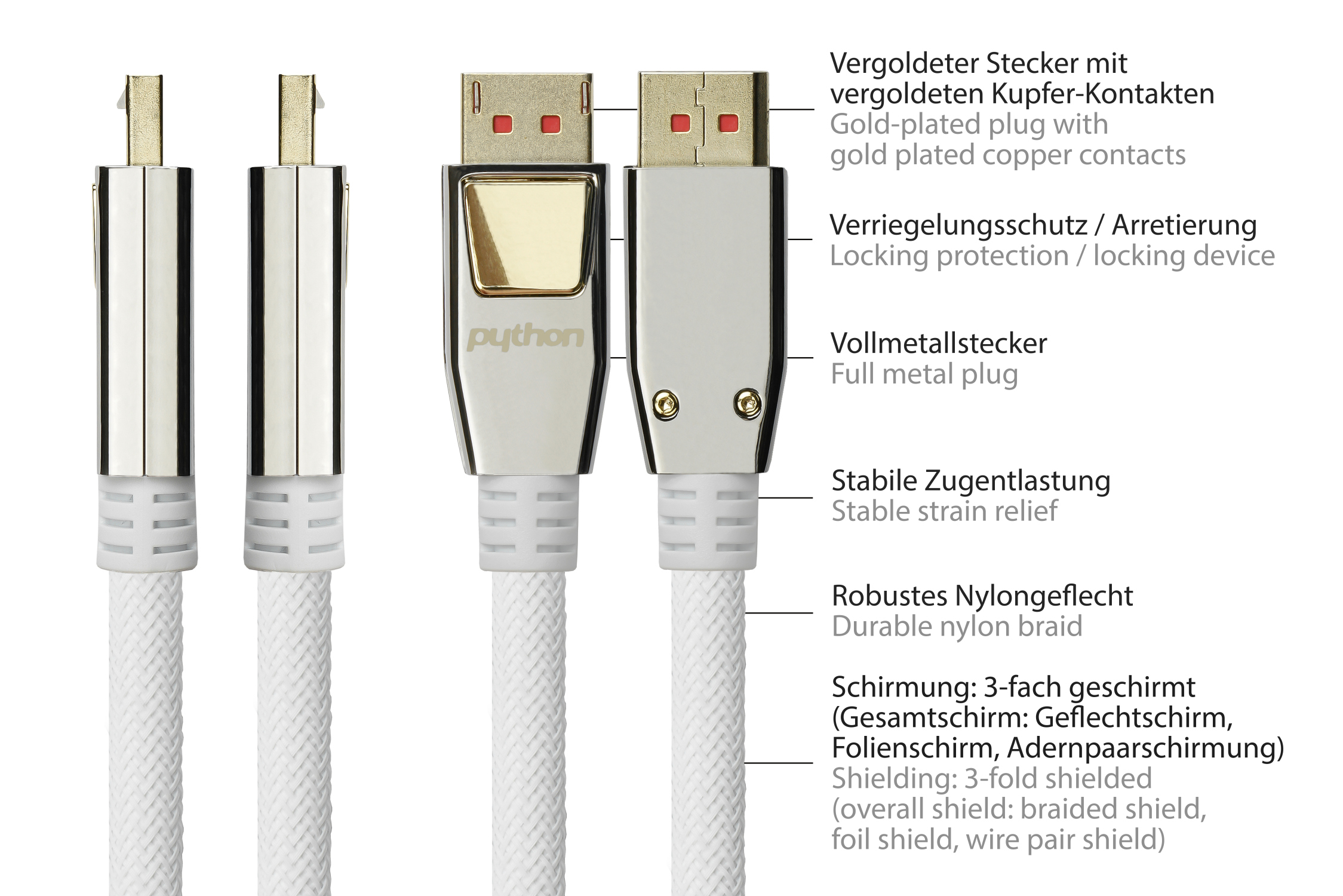 Anschlusskabel DisplayPort 1.4, 8K / UHD-2 @60Hz, Vollmetallstecker, vergoldete Kontakte, OFC, Nylongeflecht weiß, 5m, PYTHON® Series
