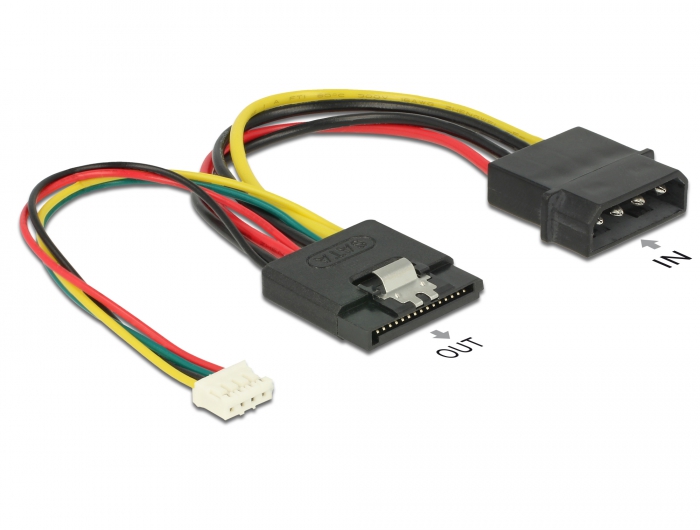 Stromkabel SATA 15 Pin Buchse > Molex 4 Pin Stecker + 4 Pin Strombuchse , Delock® [85673]