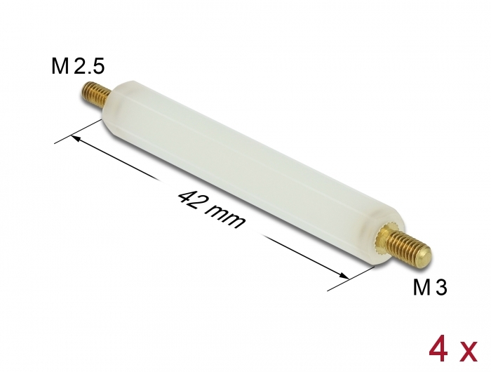 Abstandshalter M2.5 x M3, Sechskant, Außen / Außen, 42 mm natur 4 Stück, Delock® [60238]
